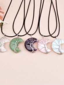 天然石生命之树与新月项链，玫瑰石英与紫水晶吊坠，百搭优雅小众珠宝 - 月亮吊墜 - 查看 3