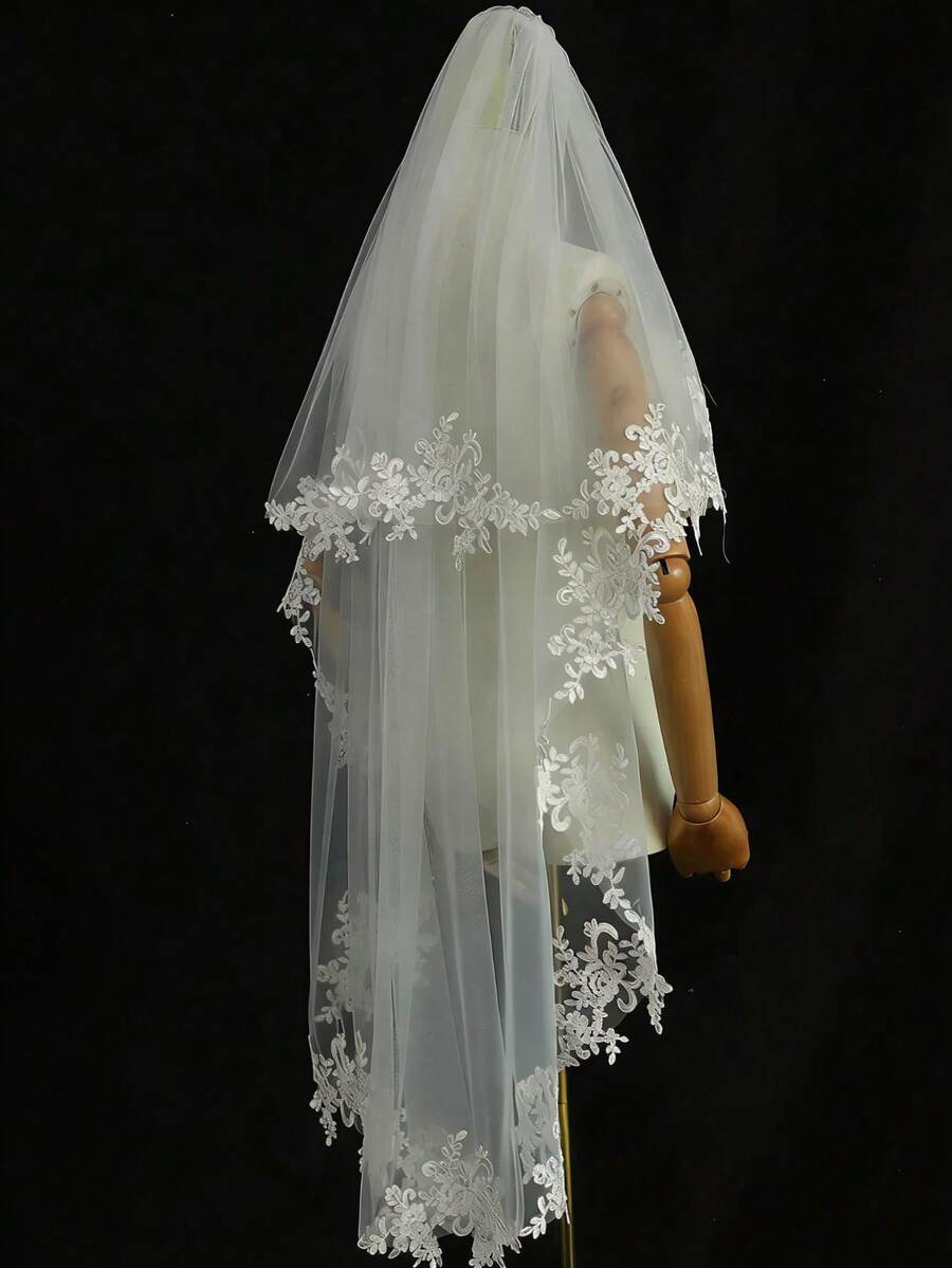 Appliques Wedding Veil With Comb Cover Face Two Layer Bridal Veils Customized - Multicolor - View 1