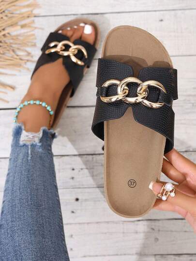 Thick Sole Spring/Summer New Brand Thick Sole Rice Husk Slippers, Women's Net Celebrity Fashion Casual Sandals, Roman Style Slip-On Slippers, Comfortable Black Slouchy Slippers For Summer