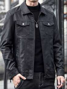 1pc Men's PU Leather Jacket, Lapel Collar Black PU Motorcycle Biker Coat - Black - View 9
