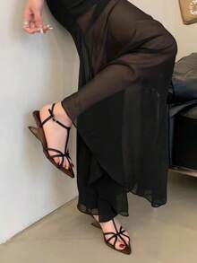 Retro Thin Strap Sandals, Unique Design Asymmetric Wedge High Heels, Open Toe, Summer Shoes For Women - Black - View 6