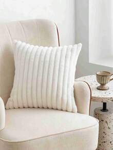 1pc Plush Striped Decorative Throw Pillow Cover, Soft Faux Fur Cushion Cover, Modern Home Decor Suitable For Sofa, Bedroom, Living Room, Travel, Car Interior - Creamy White - View 1