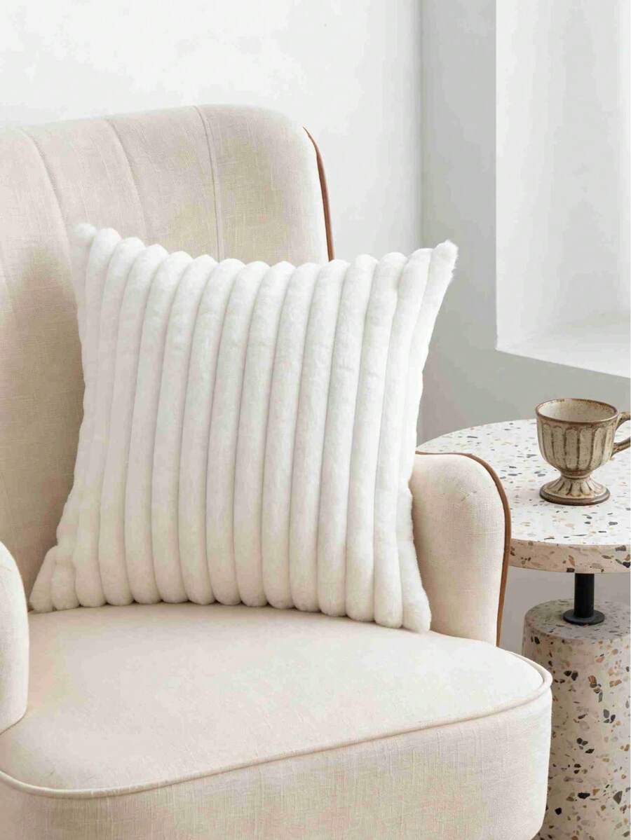 1pc Plush Striped Decorative Throw Pillow Cover, Soft Faux Fur Cushion Cover, Modern Home Decor Suitable For Sofa, Bedroom, Living Room, Travel, Car Interior - Creamy White - View 1