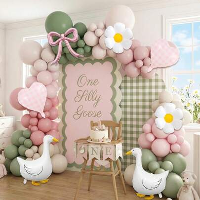 131 piezas Conjunto de arco de globos con tema de cisne, que incluye globos de papel de aluminio con corazón a cuadros y globos de látex verde claro, rosa y beige. Adecuado para decoración de fiesta de cumpleaños, baby shower y fiesta con tema retro de cisne.
