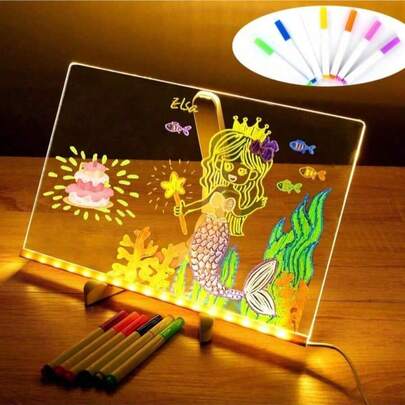 One Acrylic LED Illuminated Drawing Board With Stand, Which Can Be Used As An Illuminated Memo Board, LED Message Board Or Drawing Board. It Comes With 7-Color Pens And Is Suitable For Offices, Schools, Homes, Back-To-School Season And Other Occasions.