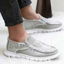 Popular Lace-Free Casual Daisy Embroidery, Raw Edge Decorative Canvas Women's Shoes, Light And Breathable, Soft And Comfortable Lazy One-Step Women's Shoes, Suitable For Going Out, Home, Walking - 灰色 - 查看 5