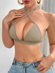 Grey Front-Fastening Wireless Bra With Fixed Padding, Detachable Straps, Multi-Style Wear: Halter, Crisscross Back And Camisole Bra. - Grey - View 7