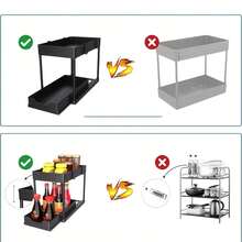 Giá để đồ hai tầng dạng giỏ trượt dưới bồn rửa, có ngăn kéo và móc treo, giúp sắp xếp đồ đạc hiệu quả cho tủ bếp và phòng tắm. Thiết kế ngăn kéo phía dưới giúp kéo dễ dàng, một phụ kiện nhà bếp thiết thực. - Xem 6