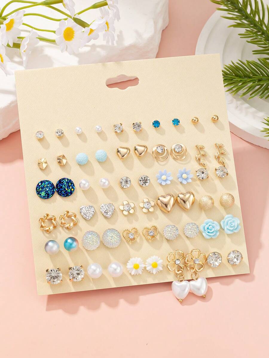 1 set de 30 paires de boucles d'oreilles mignonnes et à la mode avec motifs de petites marguerites, cœurs et étoiles. Un ensemble de boucles d'oreilles raffinées convenant aux sorties quotidiennes et occasions décontractées pour les femmes. - Multicolore - Voir 1