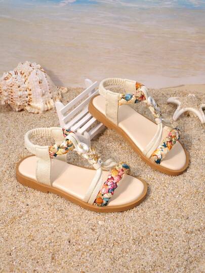 1 Pair Girls Rose Red Printed Woven Beaded Sandals, Fabric And Bead Material Upper, Woven Pattern And Beaded Decor, Low Heel, Flat Comfortable, Bohemian Style For Beach And Summer Picnic