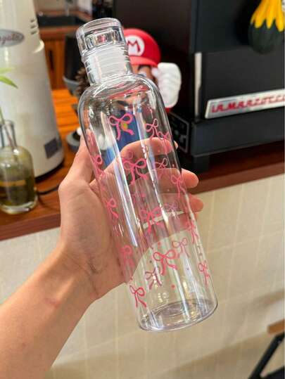1个透明蝴蝶结装饰500毫升水瓶，珍珠奶茶风格夏季水杯，便携大容量塑料杯，适合女性和学生，旅行，日常使用，户外露营，女性礼物，带盖，男女通用，防漏防摔，适合盛装冰咖啡和其他饮料