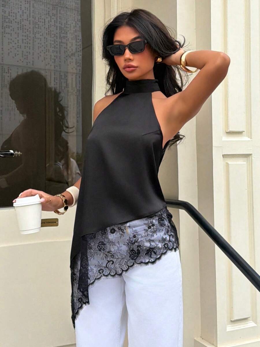 Blusa sin mangas con cuello halter y parches de encaje de moda para mujer DEEKA, elegante y versátil, color negro para primavera/verano - Negro - Ver 1