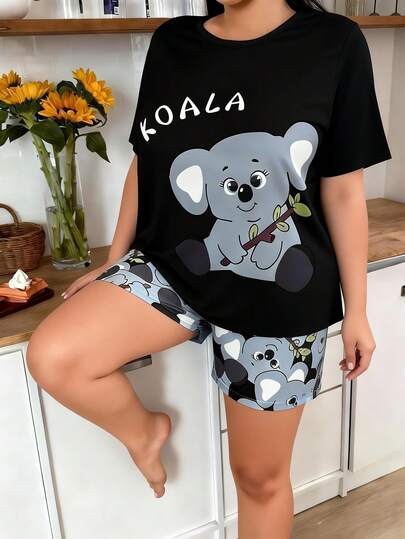 Bộ đồ ngủ nữ cỡ lớn in hình động vật hoạt hình, tay ngắn và quần đùi, kiểu dáng rộng rãi, thoải mái, thích hợp cho mùa hè.