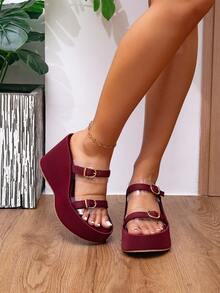 女士透明露趾交叉绑带运动凉鞋，防滑鞋底 - 休闲百搭四季沙滩鞋，适合度假、办公和休闲穿着，多功能坡跟凉鞋 | 中性色鞋款 | 防水厚底高跟凉鞋 - 酒紅色 - 查看 6