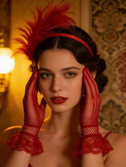 3件套1920年代女士优雅性感头饰配饰套装，高端复古配饰，适合单身派对、化装舞会、头箍和手套服装套装