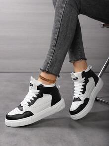 Dn. Monkeys Zapatillas casuales para mujer, zapatos planos de moda, zapatos deportivos duraderos y antideslizantes con cordones, ideales para uso casual, caminar, correr, trotar, zapatillas de unicolor de caña baja, punta redonda, ligeras y transpirables, adecuadas para todas las estaciones, caña baja con forro de tela flexible y suela de EVA - en blanco y negro - Ver 5