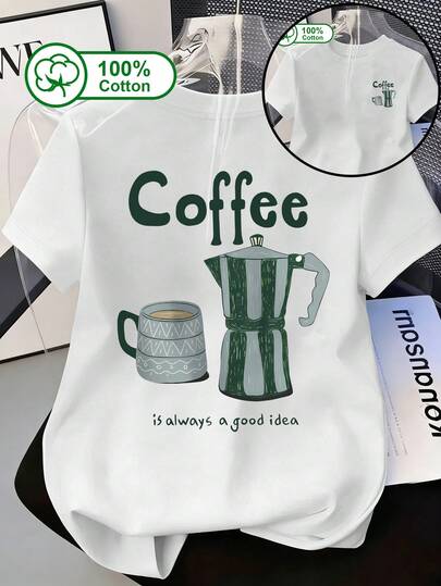 女士休闲短袖T恤，100%纯棉面料，双面卡通咖啡杯和水瓶图案，搭配英文“Coffee”字样。适合户外穿着和夏季穿着。