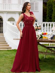 MIUSOL Robe de soirée longue fendue en mousseline de soie avec col en cœur, sans manches, avec dentelle et sequins floraux. Robe de demoiselle d'honneur, robe de soirée élégante pour femme, mariage rouge - Rouge - Voir 7
