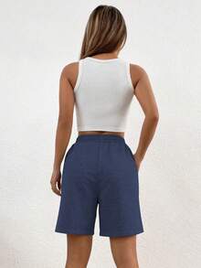 1 pièce Short bermuda décontracté confortable et mignon avec poches pour filles adolescentes, convient pour le port extérieur au printemps, en été, en automne, pour la rentrée scolaire - Bleu marine - Voir 4