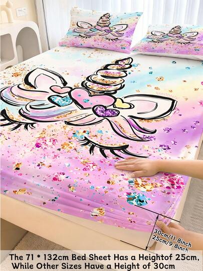 2/3PCS Glitter Unicorn Rainbow Bedding Set For Girls, Soft Microfiber Fitted Sheet With Pillowcases, Cute Unicorn Bedroom Decor, Fits Twin/Full/Queen Mattresses, Princess Style For Girls For Rectangle, Round, Oval Bed
