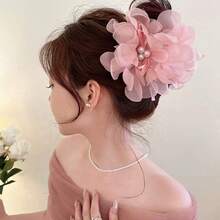 1pc Pearl Decor Super Fairy Pink Mesh Flower Big Hair Clip, Sweet Romantic Elegant Multifunctional Hair Accessory Suitable For Travel, Vacation, Party, Etc. Summer Beach Claw Clips Vacay Hair Claws Vacay Hair Clips - Pink - View 5