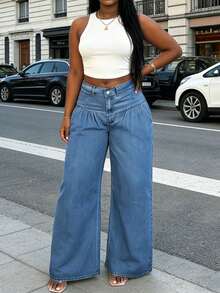 Women's Y2K Streetwear Wide Leg Jeans | Front Pleated Loose Fit Mid-Waist Casual Pants Suitable For Daily And Party Wear - Light Wash - View 5