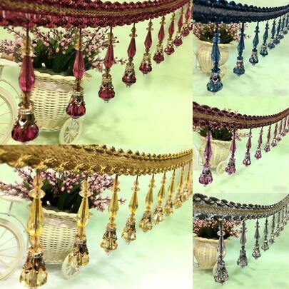 100cm Crystal Bead Pendant Woven Lace Tassel Curtain Trim, Tassel Fringe Decor For Tablecloth, Hem Accessory