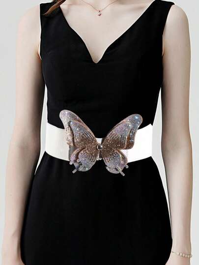 1条女士时尚大蝴蝶装饰弹力纯色腰带，适合约会、购物、派对等场合