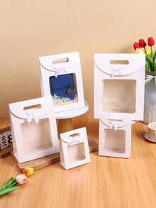 5pcs Self-Standing Flip Cover Bags, New Pink, White, Black, Blue, Brown Solid Color Bowknot Handle Candy Bags, Party Favor Bags, Birthday Gifts, Holiday Universal Bags Valentine Day - 白色 - 查看 7