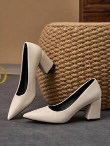 MonaNise Bombas de tacón con slip-on de color marrón de moda para mujer, adecuadas para el hogar, la oficina, los viajes, las salidas casuales, al aire libre, con un estilo retro, versátiles, elegantes y cómodas - blanquecino - Ver 4