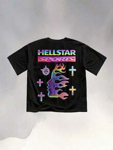 Printed T-Shirt Cotton Plus Size Men's Clothing, Captivating Hell Star SPORTS Holographic Flame & Text Graphic Print T-Shirt ,Y2K,Oversized Shirt Men,Summer Tops - 黑色 - 查看 2