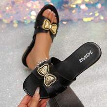 Black Flat Sandals With 3D Gold Bowknot Decor, Women Open Toe Slip-On - Black - View 2