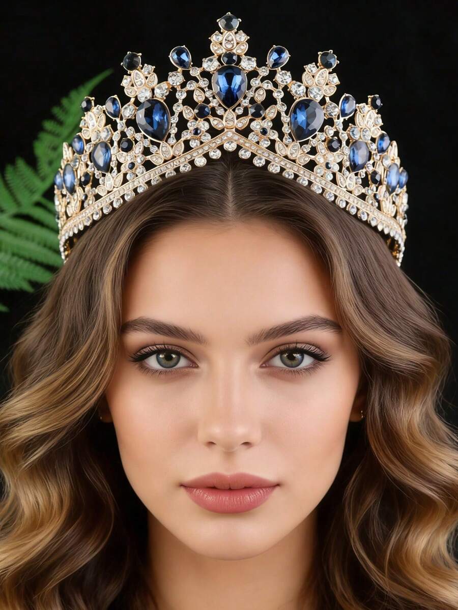 1pc Elegant Women's Silver Crystal Crown Headpiece, Luxury Accessory For Wedding, Prom, Birthday, Pageant - Navy Blue - View 1