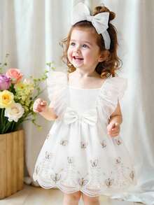 女婴可爱方领荷叶边无袖蝴蝶结装饰 A 字形网眼公主裙,时尚百搭,甜美风,适合日常穿着、聚会、外出、春夏季 - 彩色 - 查看 4