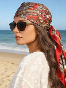 1条女士红色佩斯利花纹真丝方巾，90厘米大方巾，适合夏季海滩度假，可作休闲头巾/方巾使用 - 紅色佩斯利 - 查看 2