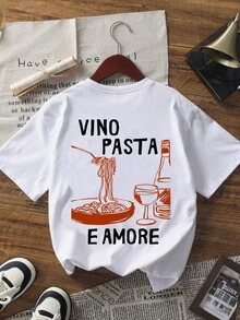 Camiseta de manga corta con cuello redondo, blanca, de estilo minimalista y casual, con estampado de pasta y vino, versátil y adecuada para mujeres - Blanco - Ver 3