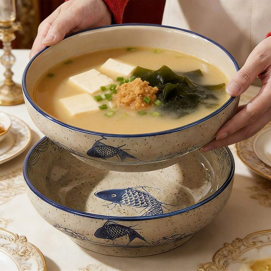 1个9英寸日式陶瓷大号酸鱼汤碗，家用大号鱼盘/海鲜汤碗，可用于微波炉和洗碗机 - 查看 1