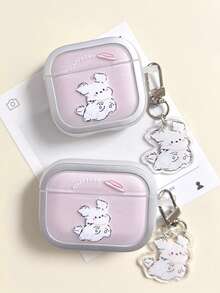 1个卡通线条艺术小狗电镀耳机盒带吊坠，兼容 1/2/3/4，苹果蓝牙无线耳机保护套，Pro 2趣味可爱耳机盒，Pro 3新款小众防摔情侣耳机盒（不含耳机） - 粉紅白色 - 查看 1