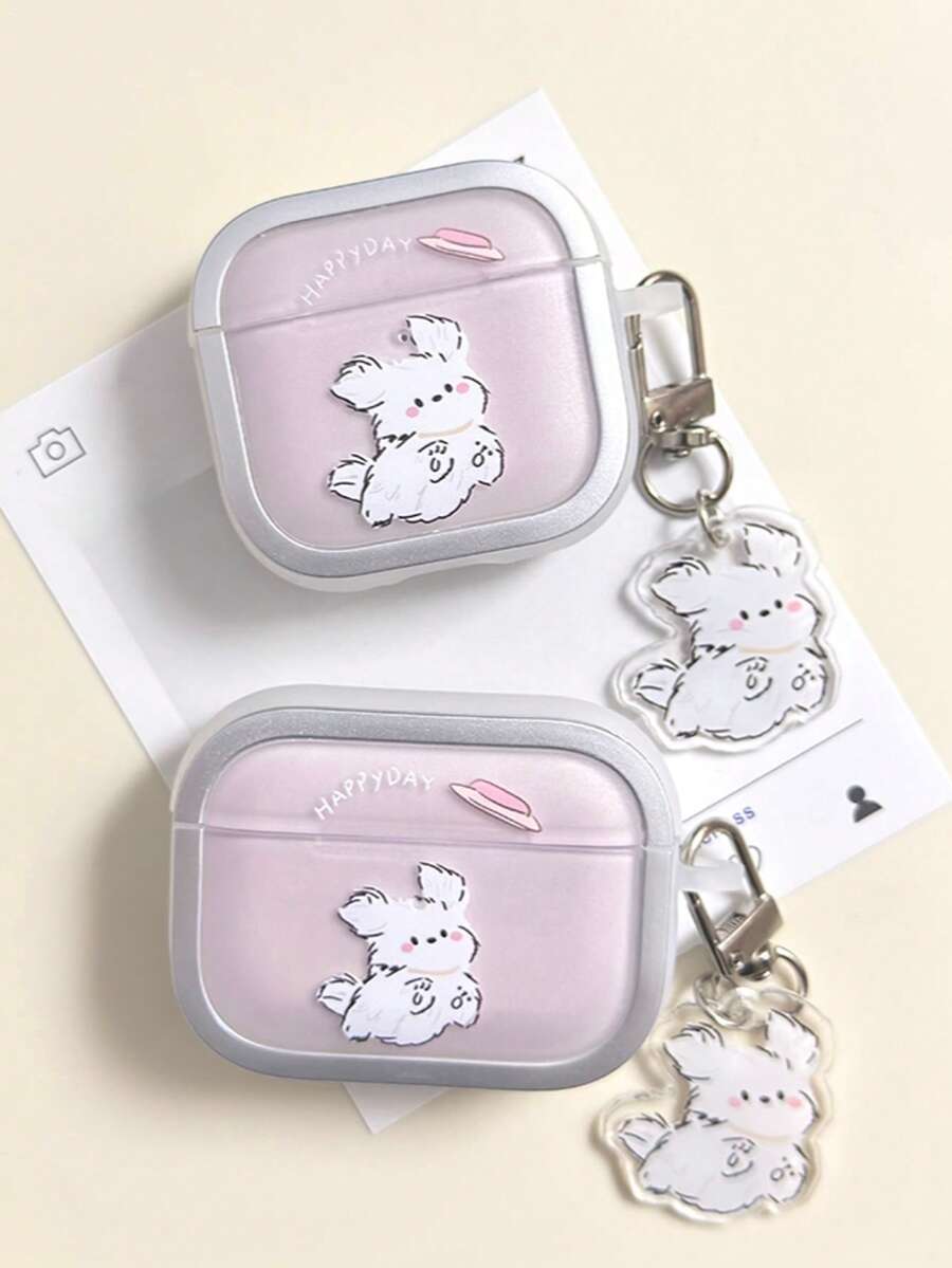 1个卡通线条艺术小狗电镀耳机盒带吊坠，兼容 1/2/3/4，苹果蓝牙无线耳机保护套，Pro 2趣味可爱耳机盒，Pro 3新款小众防摔情侣耳机盒（不含耳机） - 粉紅白色 - 查看 1