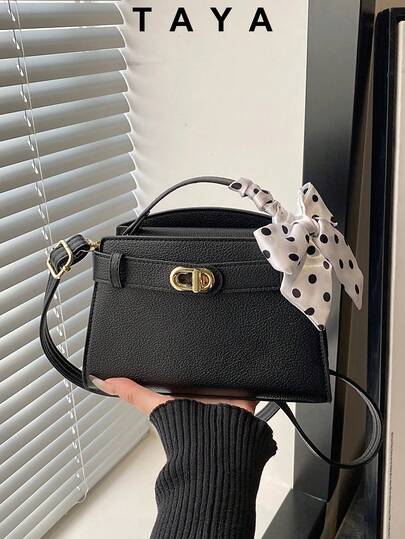 Fashion Minimalist Litchi Texture Women's Handbag, (Scarf Included) Adjustable Strap Shoulder Bag/Crossbody Bag, Exquisite Metal Lock Commuter Shoulder Bag, Magnetic Snap Multi-Function Lightweight Crossbody Bag, Minimalist Solid Color Handbag, Durable PU Material Women Shoulder Bag, Suitable For Gifts, Shopping, Dates, Business Travel, Vacation, Retro Style, Valentine's Day Gift