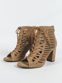 Wide Fit Women's Ankle Boots, Spring/Summer New Fashion Versatile Rear Zipper Lace-Up Hollow Sandals, Round Toe High Heel Lace-Up Outdoor Casual Party Holiday Commute Comfortable Plus Size Thick Heel Breathable Ankle Boots High Heel Sandals - Apricot - View 6