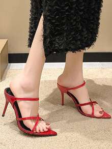 交叉绑带尖头细高跟露趾PU皮派对凉鞋，夏季 - 紅色 - 查看 6