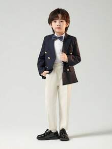 男童三件套西装，新款花童婚礼正式礼服，演出服，包含西装外套、裤子和领结。 - 藍色 - 查看 5