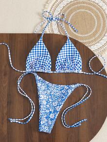 Bộ bikini buộc dây cổ gợi cảm họa tiết da báo mùa hè 2023, thích hợp cho kỳ nghỉ biển. - Bông hoa nhỏ màu xanh lam - Xem 3