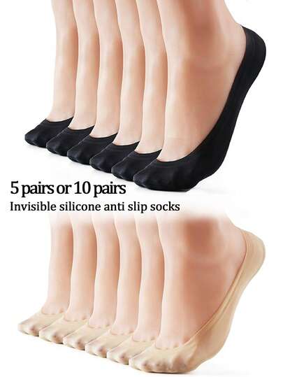 5 Pairs Silky No Show Socks (3 Black + 2 Skin Tone), Women Thin Breathable Anti-Slip Short Socks For Summer & High Heels, Extra Long & Large Size