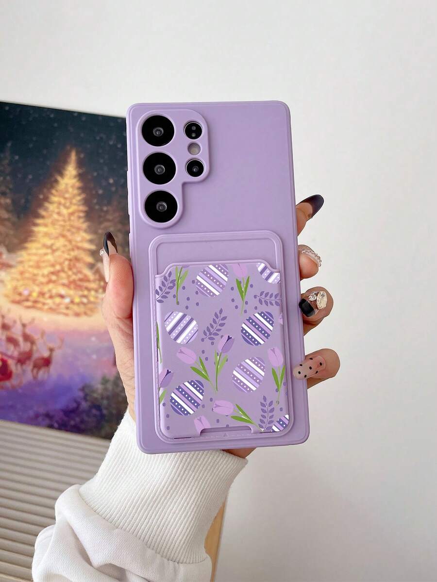 1pc Solid Purple TPU Shockproof Full Coverage Phone Case And 1pc Purple Easter Egg Pattern Detachable Card Holder 2-In-1 Fashionable Versatile Creative Full Protection Soft Phone Case, Suitable As Gift For Girlfriend/Boyfriend, Best Friend/Sibling, Wife/Husband, Partner, Family/Friend, Boss/Colleague, Compatible With Android Phones - Multicolor - View 1