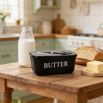 Airtight Butter Box With Lid & Butter Knife, Plastic Butter Keeper Container, Food Storage Organizer For Refrigerator & Countertop, Minimalist Kitchen Supplies
