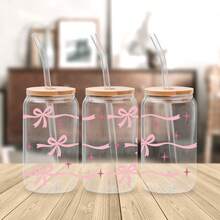 4pcs/Set 16oz Glass Cup Wrap UV DTF Transfer Sticker (9.4x4.3in) No Heat Needed, Pink Bow Ribbon Aesthetic, Cherry Heart Leopard Print Minimalist Floral Decal, Waterproof Rub On Sticker For Libbey Can Tumbler DIY Craft Gift For Women Girls - Bow 04 - View 6
