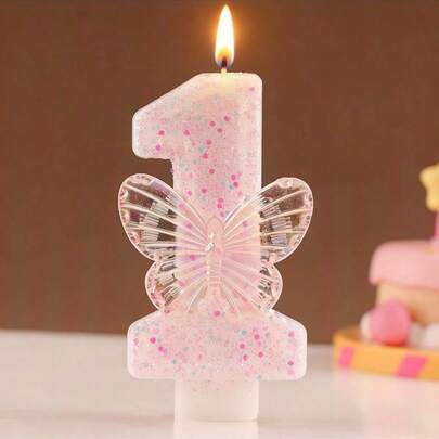 1 pieza Vela de cumpleaños numérica, Vela de pastel de cumpleaños con mariposa, Decoración de pastel con brillo rosa, Adecuado para celebraciones de aniversario de niñas y mujeres