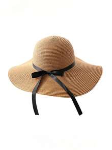 1 buah Topi Matahari Jerami Wanita, Topi Pantai Bertepi Lebar untuk Musim Semi/Panas, Perlindungan Matahari, Liburan, Gaya Bohemian - Khaki - View 4